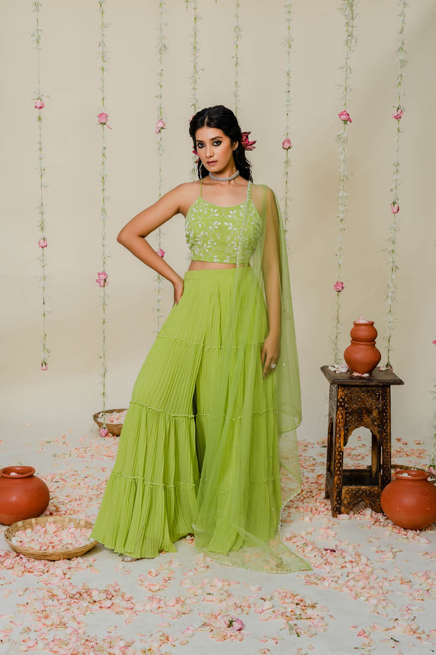 Embroidered Pleated Green Sharara Set